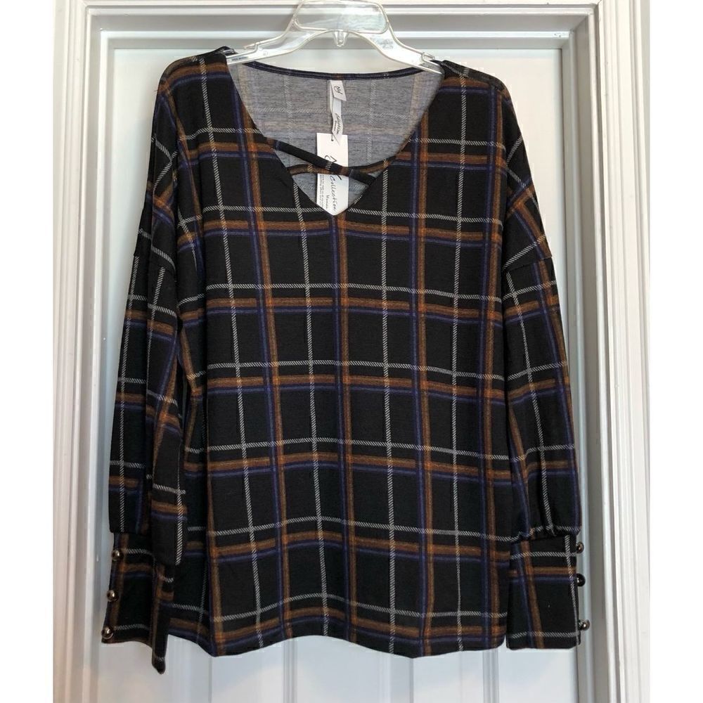 NY COLLECTION - NWT - L Sz 1X Long-Sleeve, Plaid, Cris-Cross Top w/Button Cuffs - Picture 3 of 15